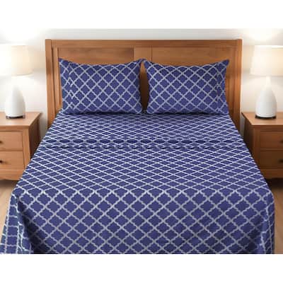 Four Piece Navy and White Quatrefoil Microfiber California King Sheet Set
