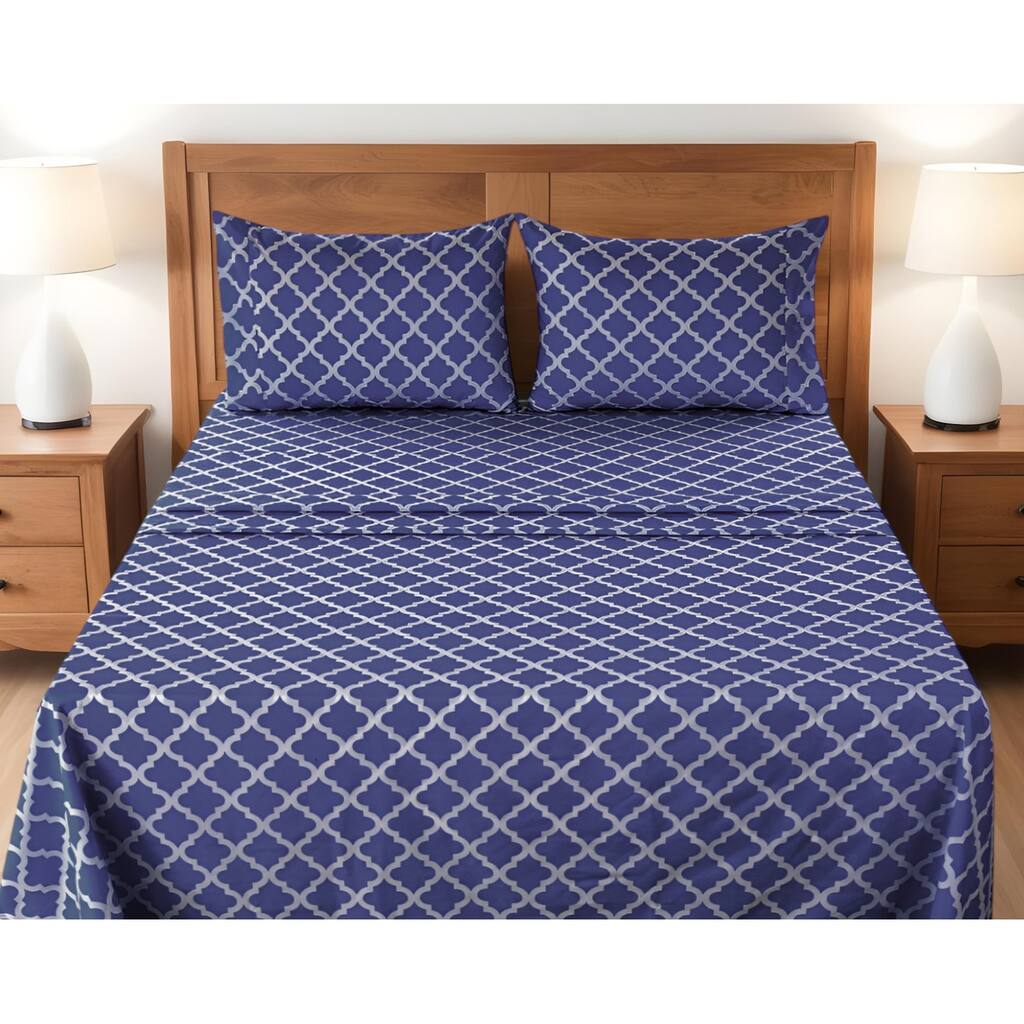 Four Piece Navy and White Quatrefoil Microfiber King Sheet Set