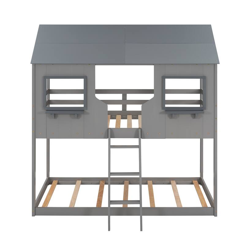 Twin Over Twin House Bunk Beds with Roof and Window, Floor Bunk Bed, Wooden Playhouse Bedframe with Safety Guardrails and Ladder