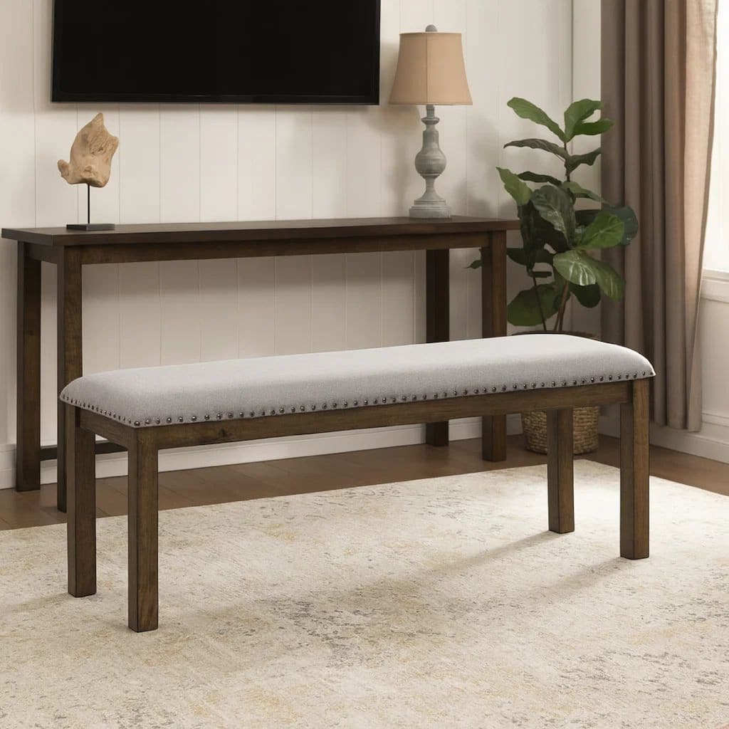 Nailhead Trim Wooden Dining Bench with Fabric Upholstery, Brown and Gray