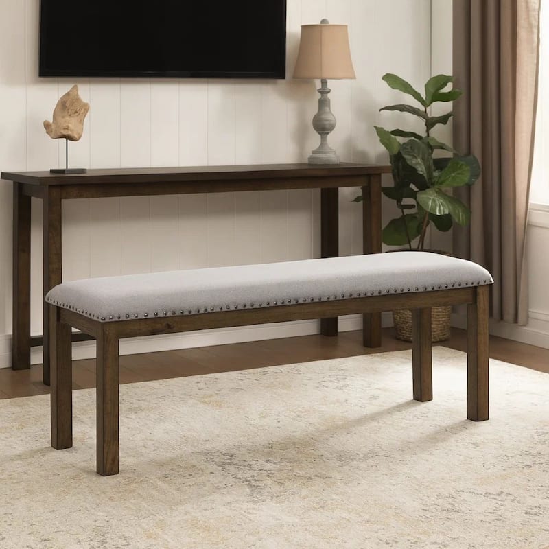 Nailhead Trim Wooden Dining Bench with Fabric Upholstery, Brown and Gray