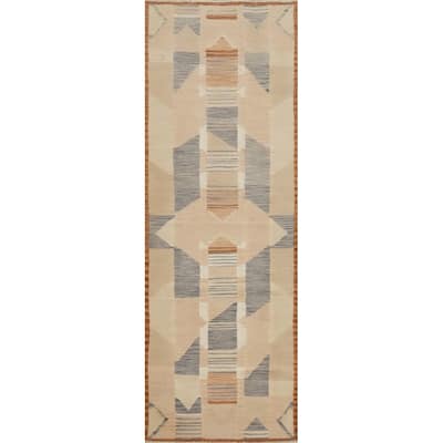 Hand Woven Oriental 100% Wool Carpet Southwestern Modern Multi-Colored Kilim Runner Rug - 9' 8'' X 2' 8''
