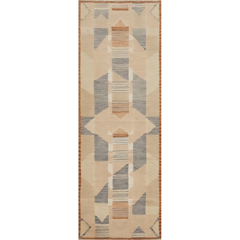 Hand Woven Oriental 100% Wool Carpet Southwestern Modern Multi-Colored Kilim Runner Rug - 9' 8'' X 2' 8''