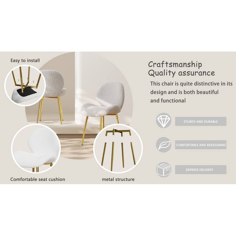 Modern minimalist white teddy velvet Dining Chairs Set of 2 with sturdy gold metal legs and comfortable backrest design,