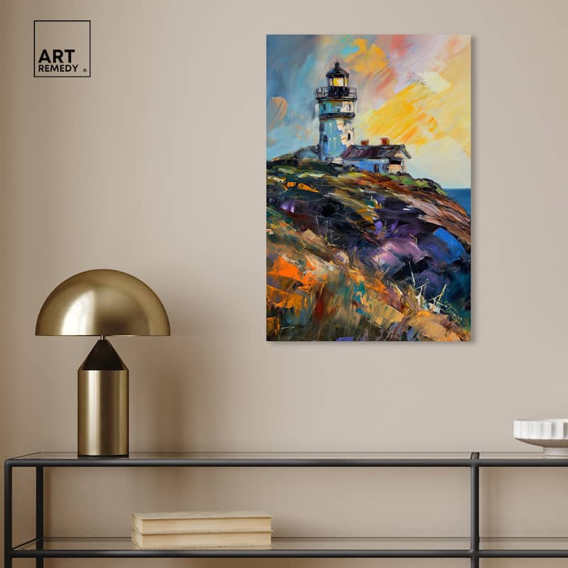 Art Remedy Colorful Lighthouse Gallery Wrapped Impressionism 1 Piece Canvas Wall Art /Monet And Van Gogh Inspired Art