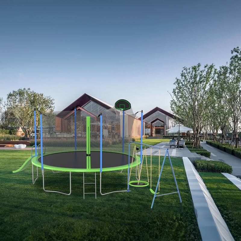 12FT Trampoline with Slide and Swings, ASTM Approved Large Recreational Trampoline with Basketball Hoop and Ladder,Outdoor Backy
