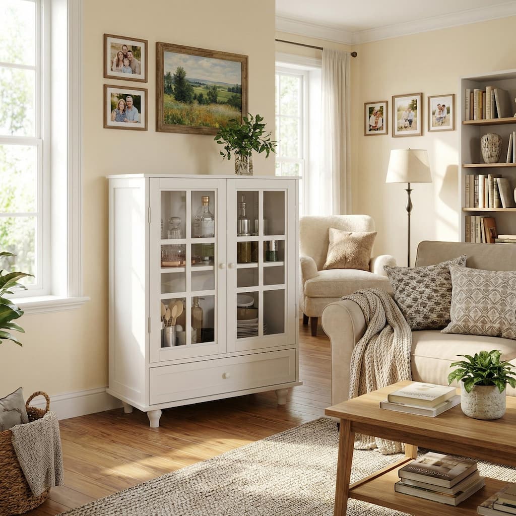 Homy Casa Minimalist Buffet Cabinet with Glass Doors & Drawer, Storage Sideboard, Kitchen Living & Dining Room Hallway Entryway