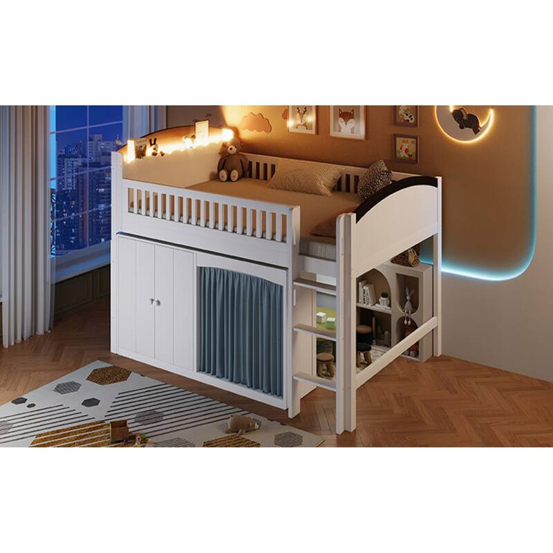 Roomfitters Twin/Full Size Loft Bed with Storage Cabinet, Wardrobe and LED Light