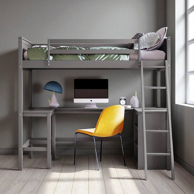 Twin Size Loft Bed with Shelves and Desk, Wooden Frame with Sturdy Ladder and Guardrails - Grey - Twin
