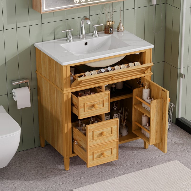 30" Bathroom Vanity with Ceramic Sink, Solid Pine Wood Frame Freestanding Vanity - 30inches
