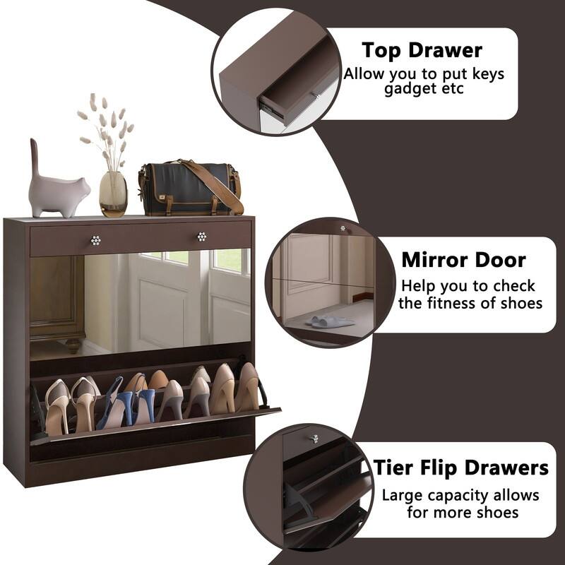 Mirrored Shoe Cabinet with Drawers - Space-Saving Entryway Organizer in Brown Finish