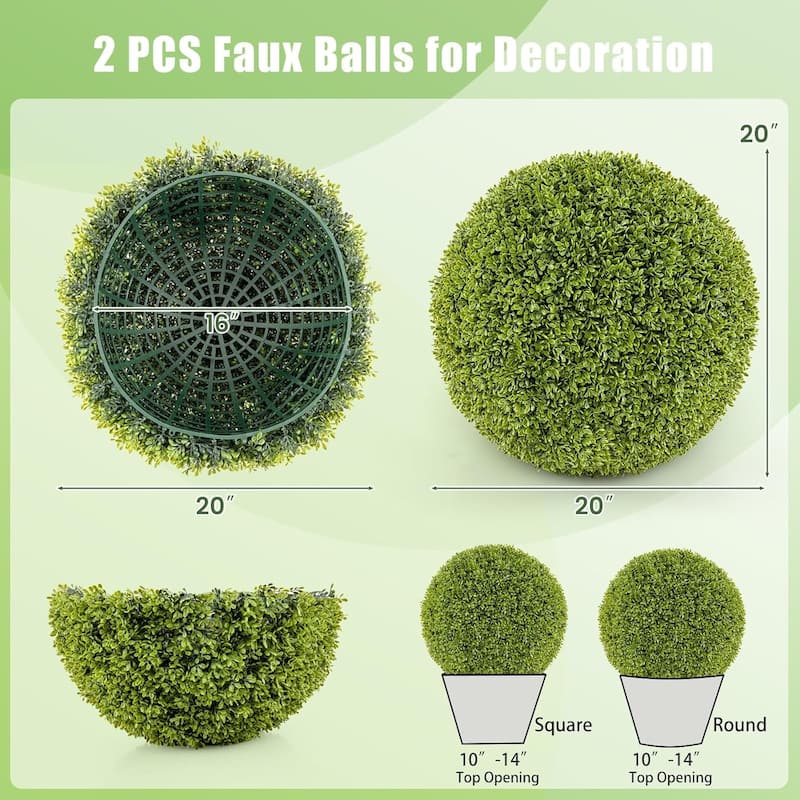 2 PCS 20'' Artificial Plant Topiary Ball Round Faux Boxwood Balls - Green