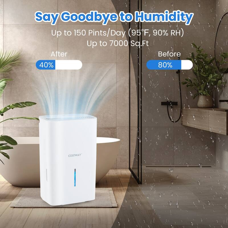 150 Pint Dehumidifier for 7000 Sq Ft Basement with Pump Drain Hose and LED Display Timer - 14.5" x 11" x 24"