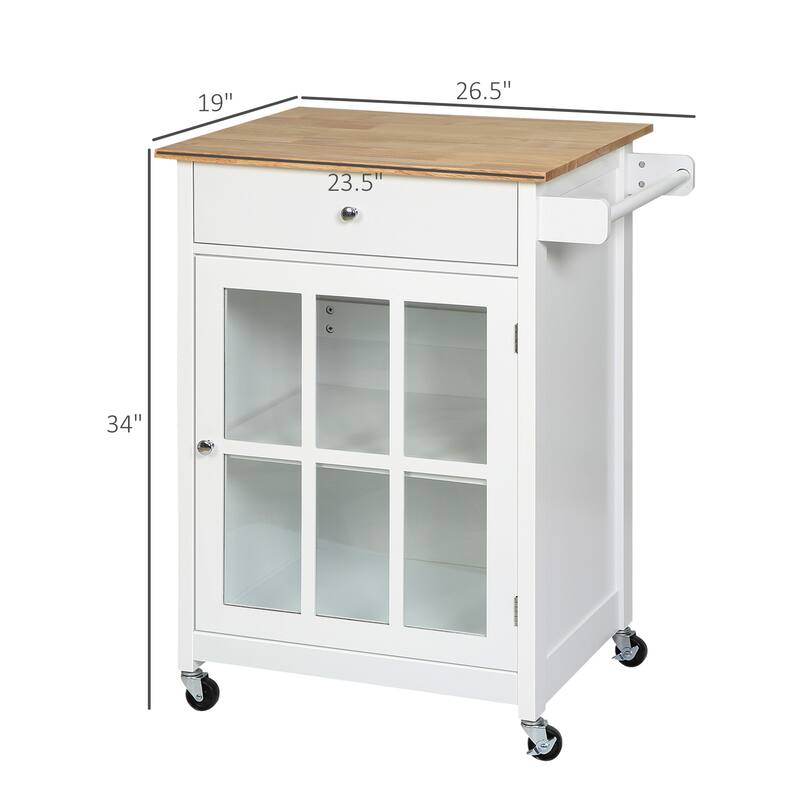 HOMCOM 27" Rolling Kitchen Island Cart with Drawer and Glass Door Cabinet, Kitchen Trolley with Adjustable Shelf and Towel Rack