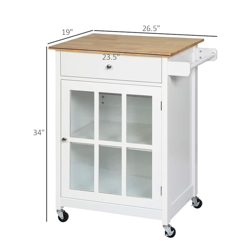 Rolling Cart with Drawer and Glass Door, Kitchen Island with Adjustable Shelf, Kitchen Cabinet with Towel Rack