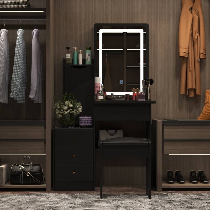 4-Drawer Makeup Organizer Vanity Table Set with LED-lit Mirror Dresser