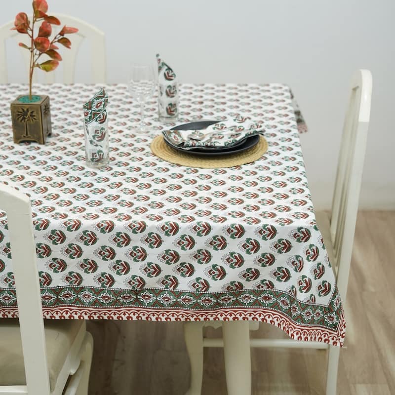 Fabdivine Handmade Block Print Cotton Table Cover Farmhouse Dining Kitchen Decor Gift
