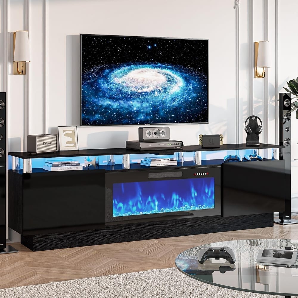 BOSSIN Modern 80" TV Stand with 36" Fireplace & LED Lights for TVs Up to 90", White with Golden Pillars, Storage Cabinets