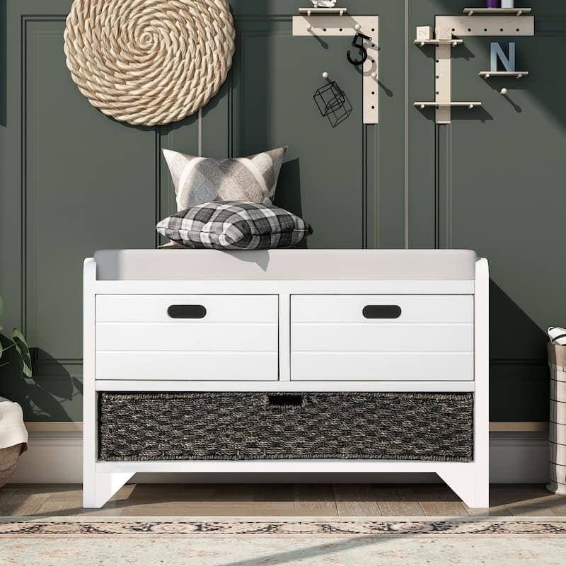 Storage Bench with Removable Basket and 2 Drawers, Fully Assembled Shoe Bench with Removable Cushion - White