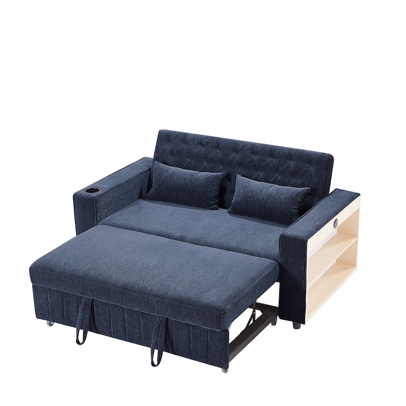 Transformable Chenille Fabric Sofa Bed with Adjustable Tufted Backrest, USB Ports, and Ample Storag