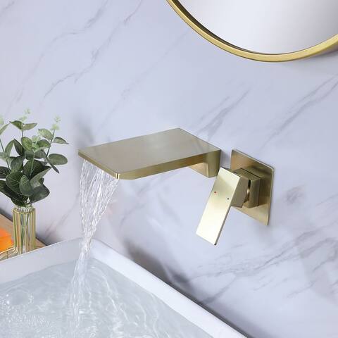 Wall Mount Bathoom Faucet Waterfall Brushed Gold Bathroom Sink Faucet Single Handle Modern 2 Holes Basin Vanity Taps With Valve