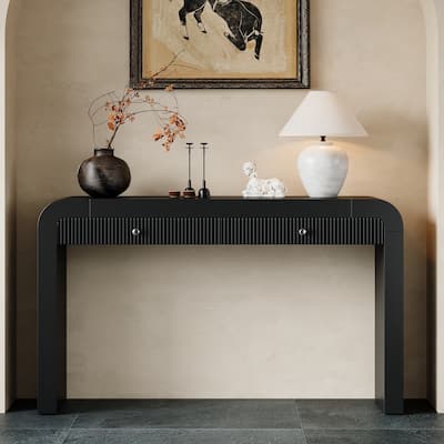 Rustic Console Table with Fluted Drawer Front, Entryway Table with Curved Corners & Thick Legs, Sturdy Sofa Table