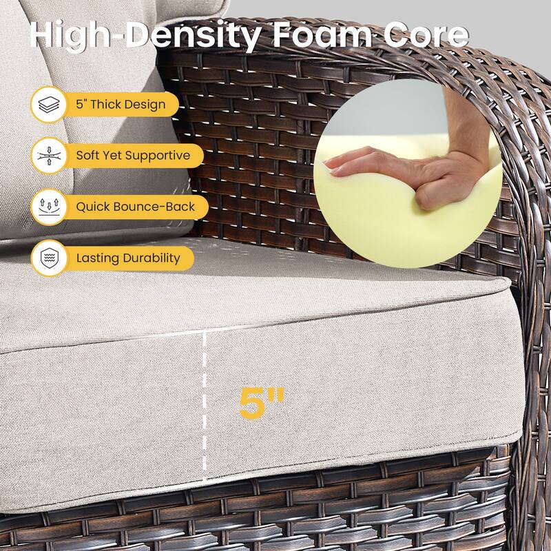 Gymojoy 5-Piece Outdoor Wicker Swivel Chair Set with Ottomans & Side Table, 5" Thick Cushions
