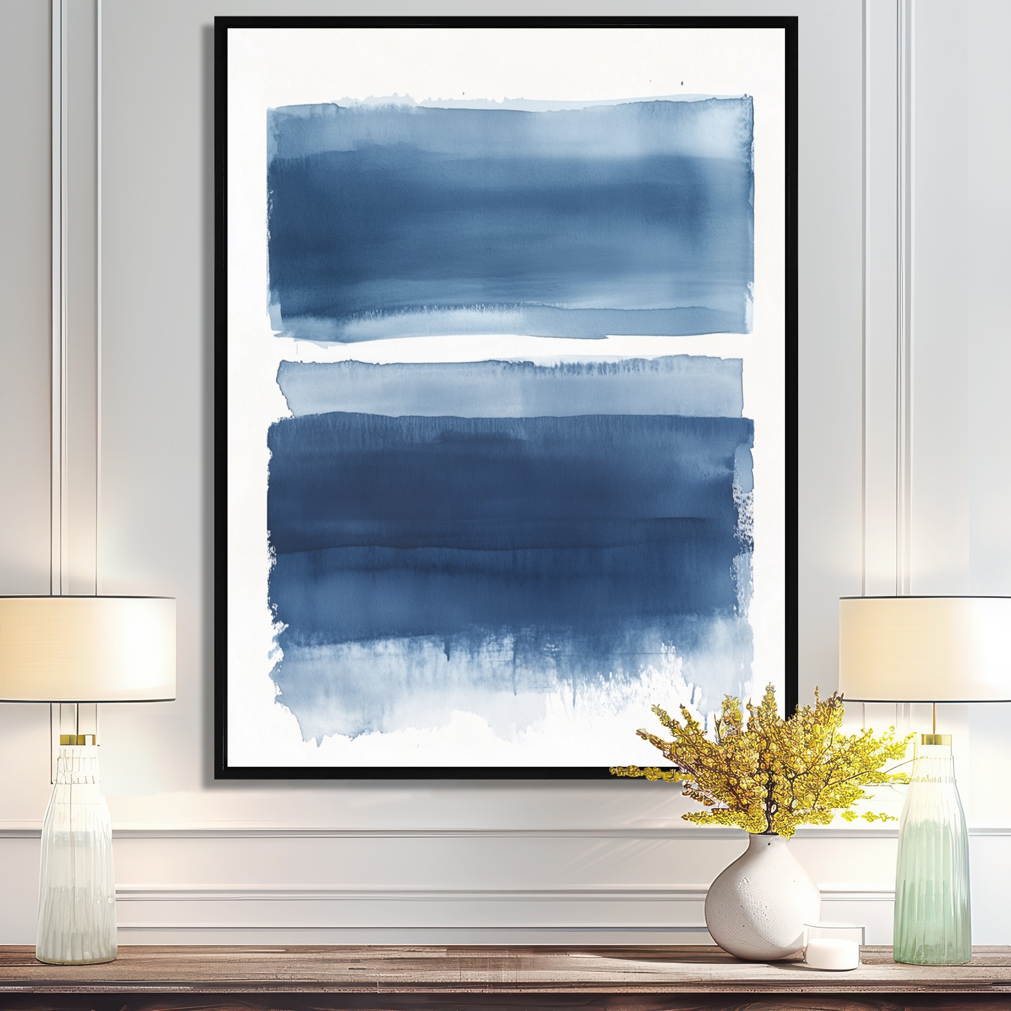 Designart Indigo Abstract Horizon Bands II - Contemporary Framed Wall Art