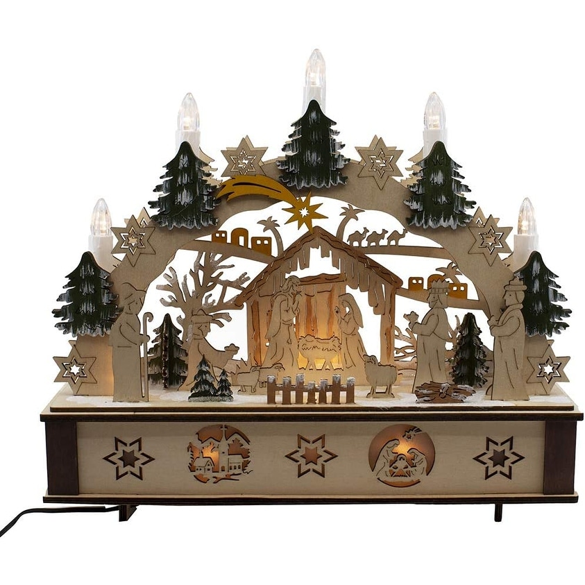 Kurt Adler 11-Inch Battery-Operated Light-Up Wooden Nativity Scene with Candles