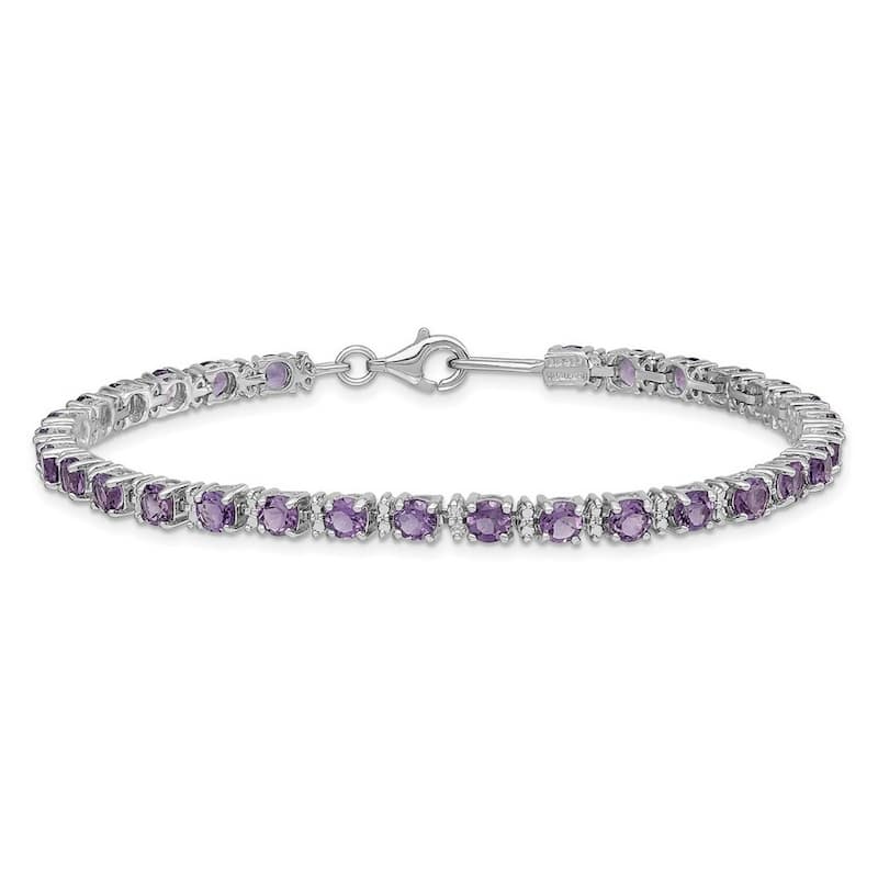 Curata 925 Sterling Silver 7" Round Gemstone and Diamond Line Bracelet