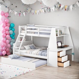 Twin over Full Bunk Bed with Trundle, Built-in Desk, Storage Drawers & Shelf in Gray - Perfect for Sleepovers