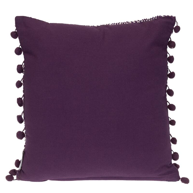 HomeRoots 18" Purple and White Weave Cotton Throw Pillow With Pom Poms