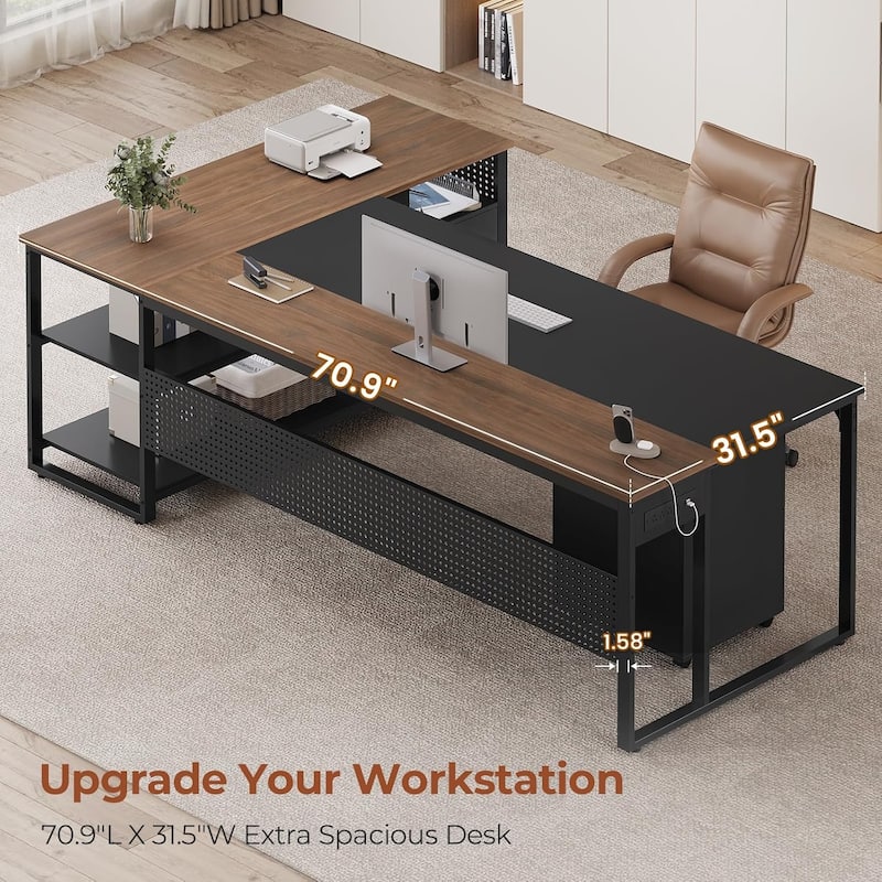Executive Desk L Shaped Desk File Drawers Power Outlets Computer Desk