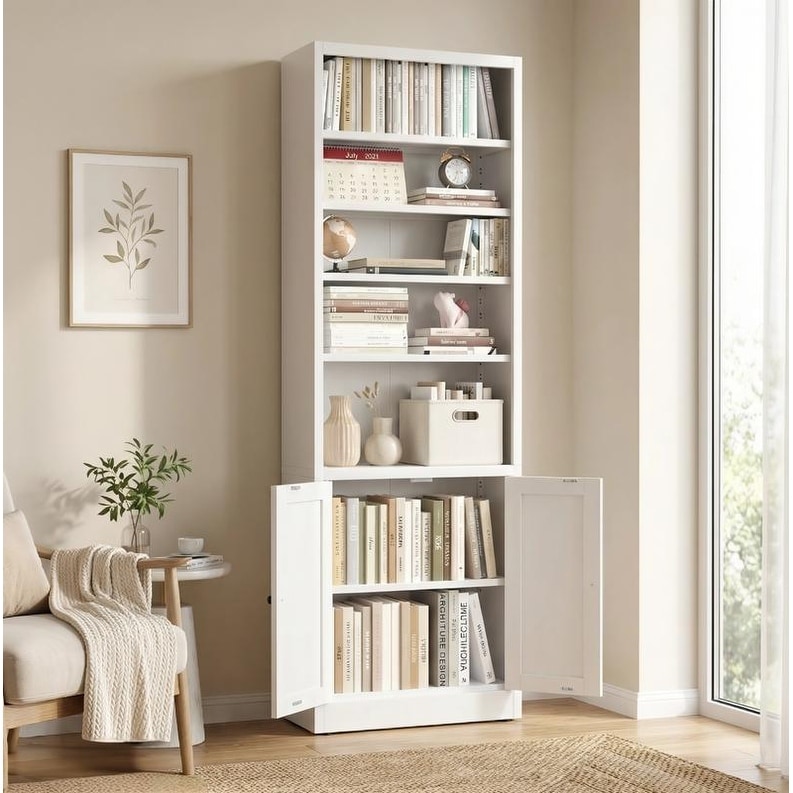 71"H 5-Tier Bookshelf with Door, Industrial White Bookshelf with Adjustable Shelves, 9.2" D Storage Shelf for Living Room