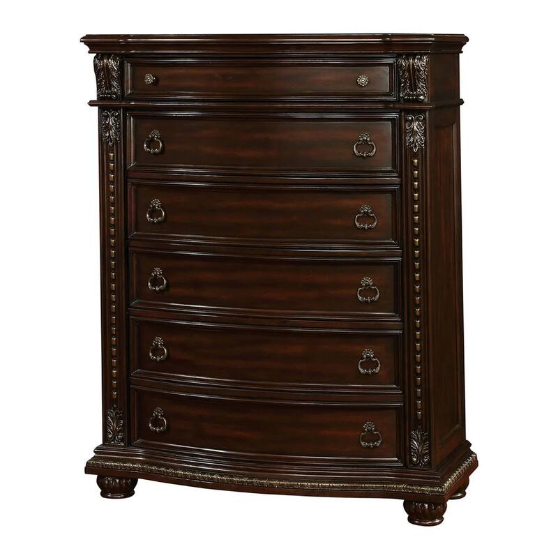 Kera Traditional Tall Dresser Chest, 6 Drawers, Sculpted Cherry Brown Wood