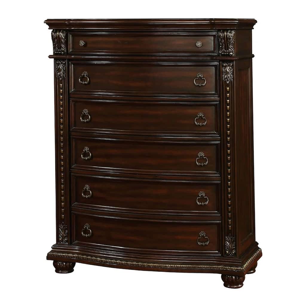 Kera Traditional Tall Dresser Chest, 6 Drawers, Sculpted Cherry Brown Wood