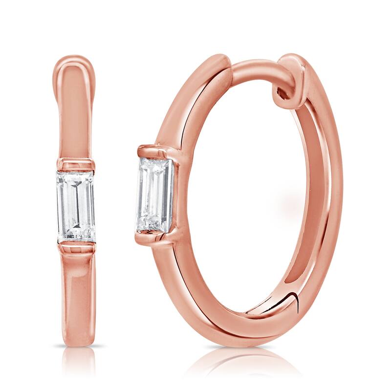 Joelle Collection Baguette Diamond 1/10 cttw. Huggie Small Hoops Earrings 14K Gold