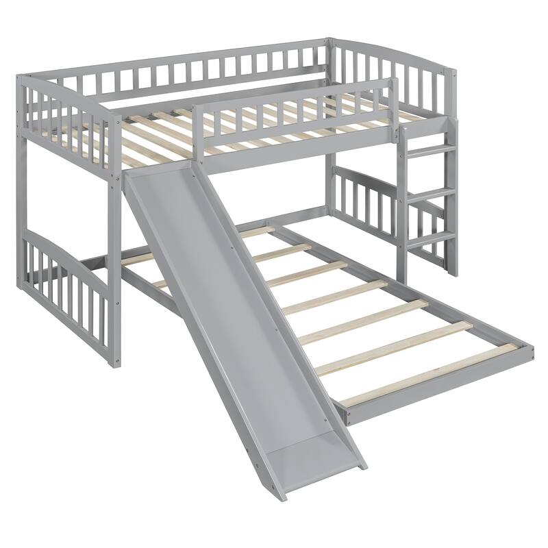 Twin Over Twin Bunk Bed with Slide & Ladder and Gray Solid Wood, 250lb Capacity, Space-Saving Kids Bed