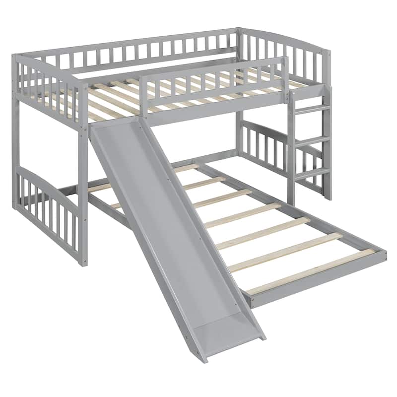 Twin over Twin Bunk Bed with Slide and Reversible Ladder, Solid Wood Frame with Safety Rails, Space-Saving Kids Bed