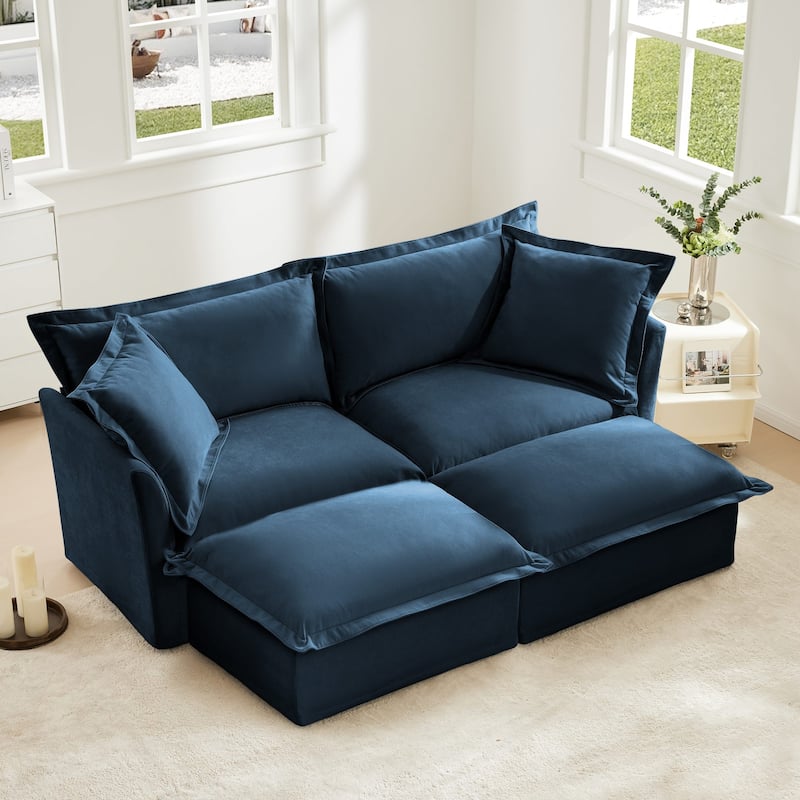 Modern 2 Seater Upholstered Sofa with 2 Ottomans and 2 Pillows