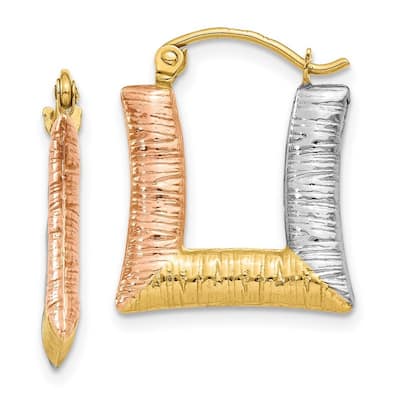 Curata 14k Yellow Gold 17mm White And Rose Rhodium Textured Square Hoop Earrings