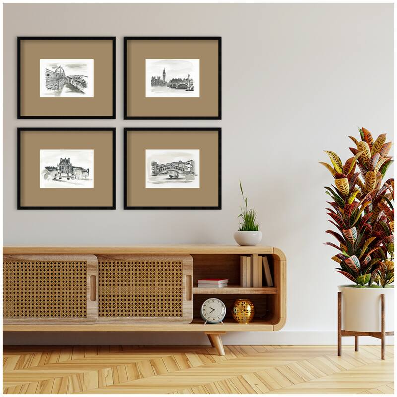 Kate and Laurel Vintage Europe 4 Piece Framed Wall Art Print Set by Teju Reval Brown Mat