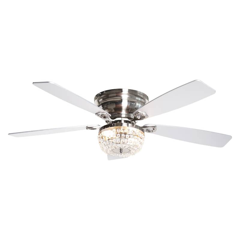48-in Modern 5-Blade Silver Crystal Low Profile Flush Mount Ceiling Fan with Remote and Light Kit - 48 Inches