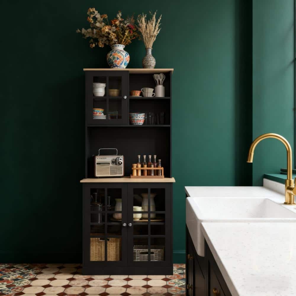 Wood Pantry Storage Cabinet, Freestanding Buffet Cabinet with Glass Doors and Adjustable Shelves, Kitchen Hutch with Doors