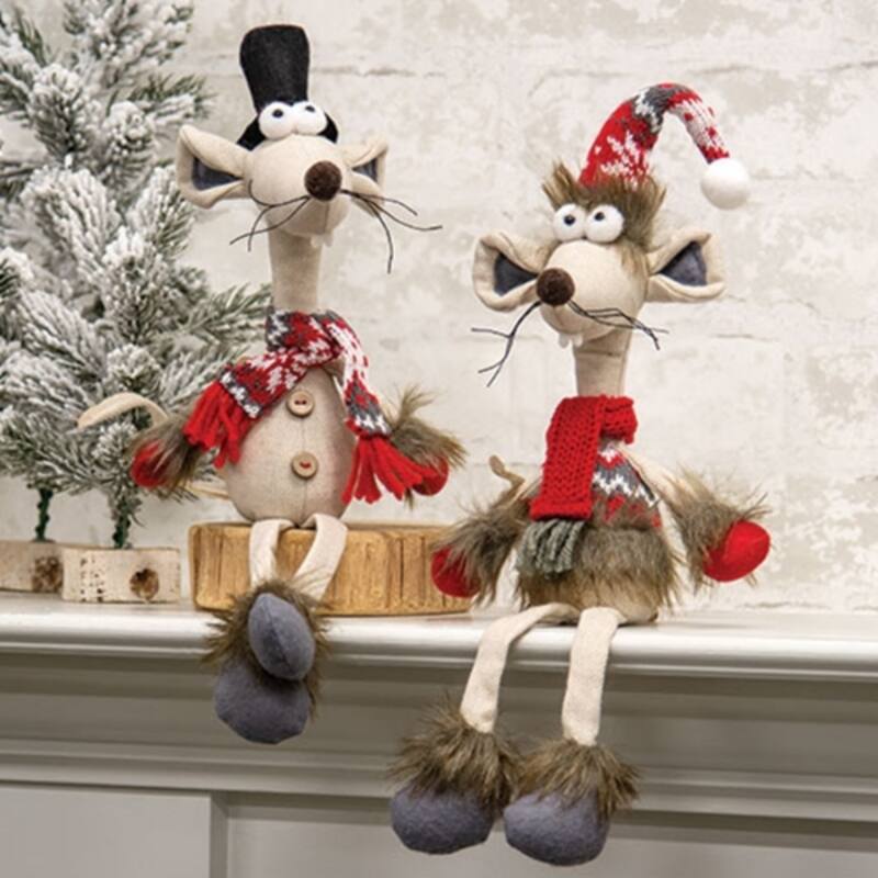 17” Festive Christmas Mice Figurines with Dangling Legs for Holiday Shelf Decor 2 Asstd. - 4.25”L x 2.50”W x 17”H