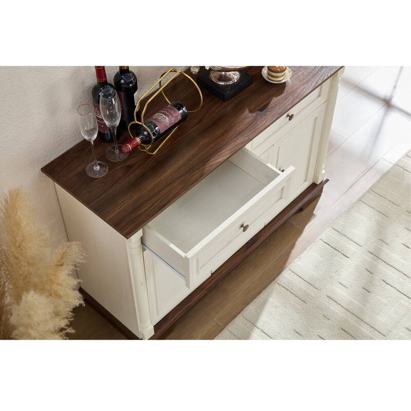 Farmhouse Roman Column Cabinet‌ – Wooden Storage Unit with Drawers & Doors, Coffee Bar & Wine Cooler for Kitchen or Hallway