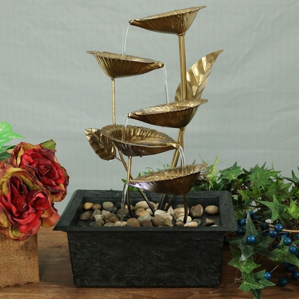 Sunnydaze Cascading Five Leaves Tabletop Fountain with LED Light - 13-Inch