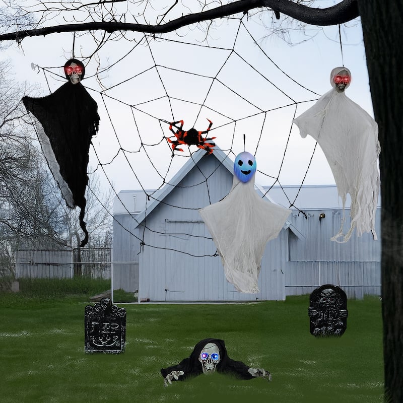 8-Piece Halloween Decorations Set with LED Eyes Ghosts Gravestones Skeleton and Giant Cobweb
