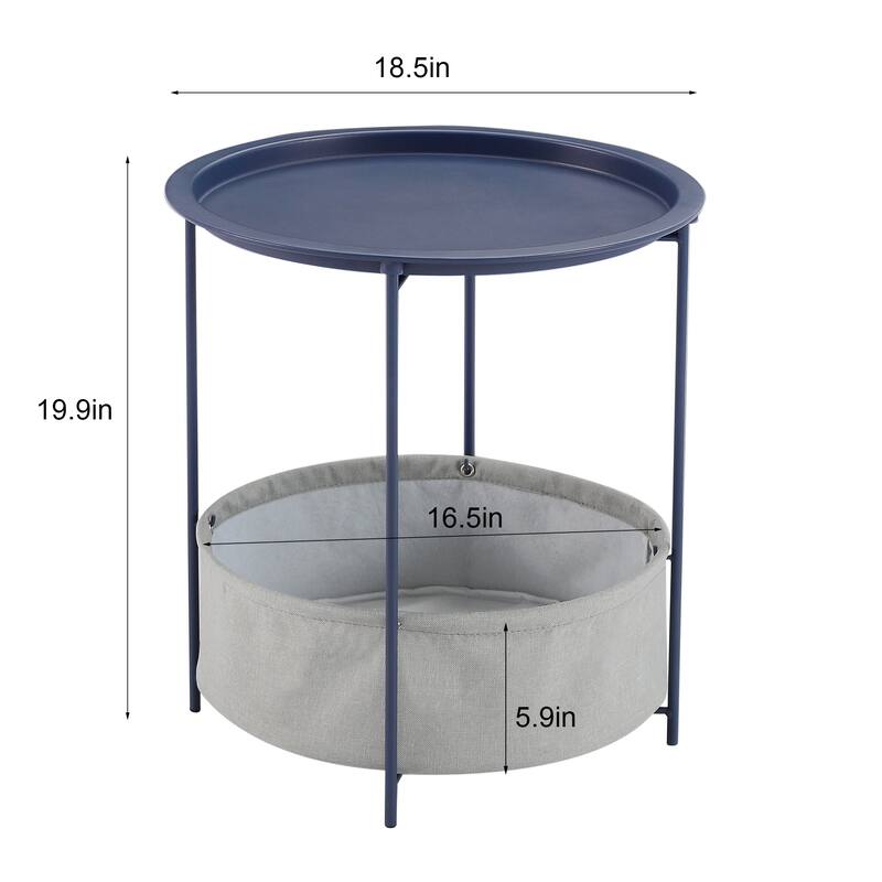 VECELO Small Round Side Table with Removable Tray & Fabric Storage Bin Easy 5-Min Assembly for Living Room Bedroom