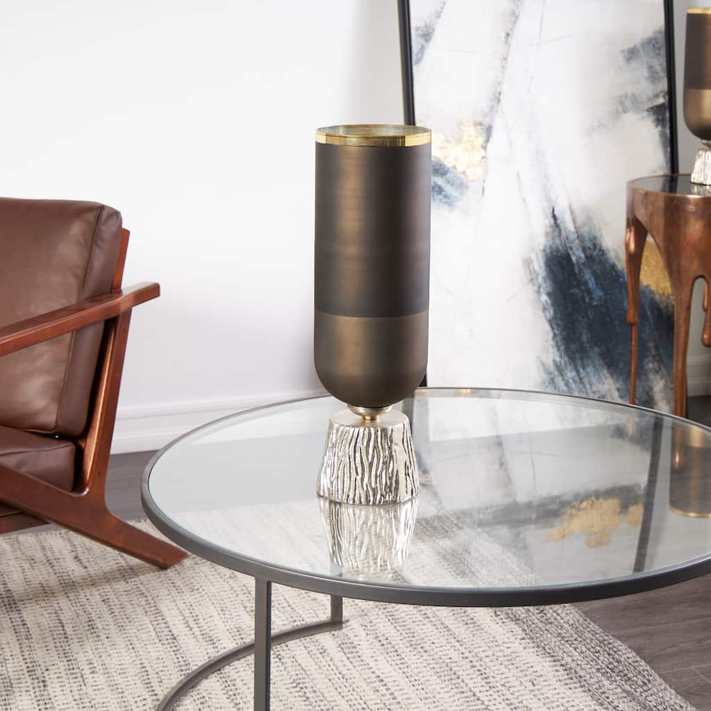 Bronze Glass Colorblock Candle Holder with Gold Accents and Textured Silver Base